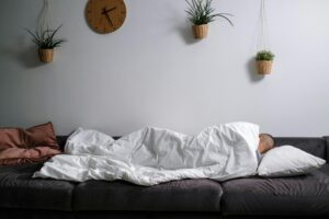 Person sleeping on a couch in a cozy indoor setting with plants and a wall clock.